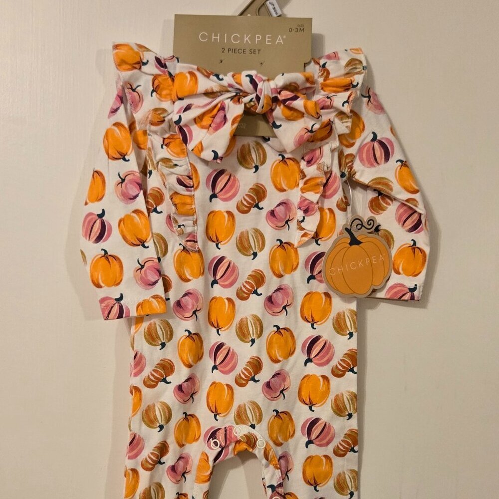 Chick pea pumpkin romper with matching headband. Thanksgiving/Fall
